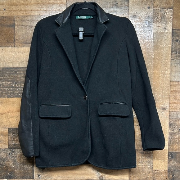 Lauren Ralph Lauren Black‎ Faux Leather-Trim Knit Blazer Women's Size Small - Picture 1 of 6
